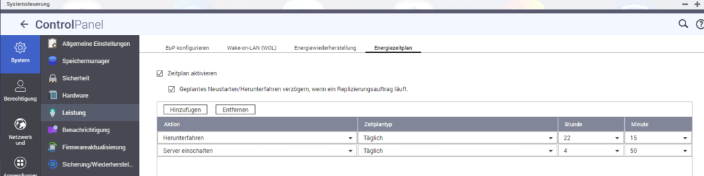 QNAP Energiesparmodus definieren