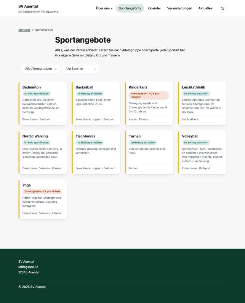 Übersicht aller Sportarten eines Vereins mit Filtern nach Altersgruppe
