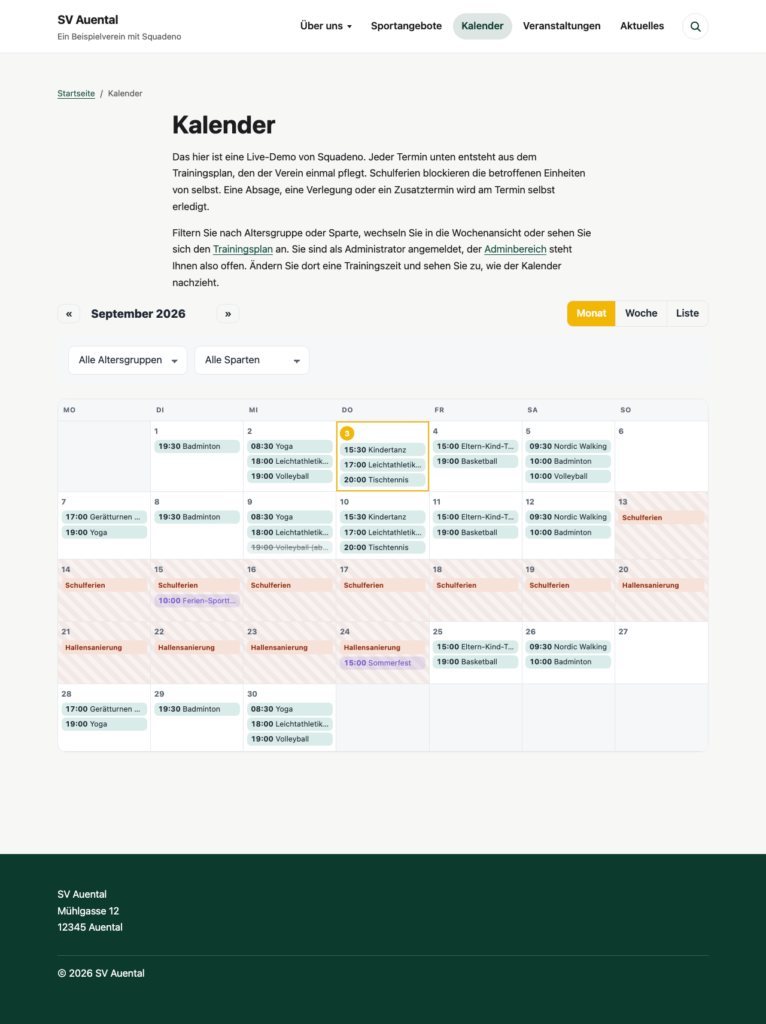 Vereinskalender mit automatisch geblockten Ferien und einem abgesagten Training