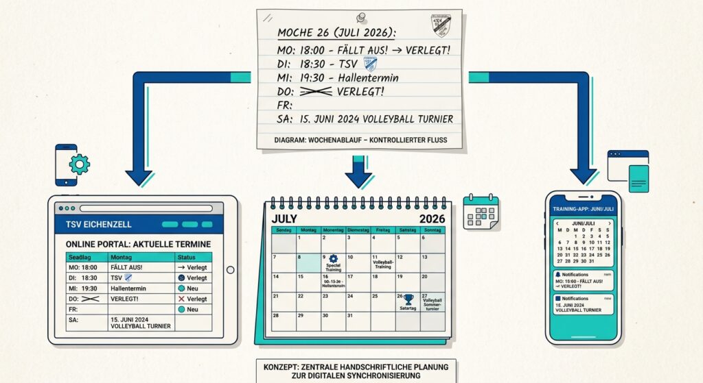 Diagramm: aus einem Trainingsplan entstehen Kalender, Webseite und Handy-Ansicht