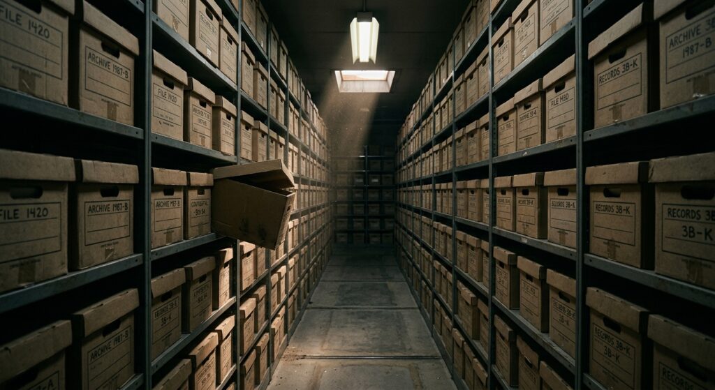 Archivregal mit einer leeren, halb herausgezogenen Kiste
